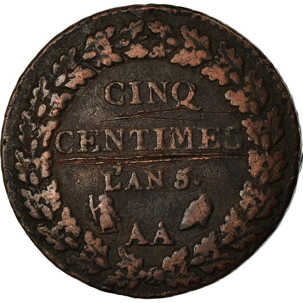 Moneta, Francia, Dupré, 5 Centimes, AN 5, Metz, MB, Bronzo, KM:640.2