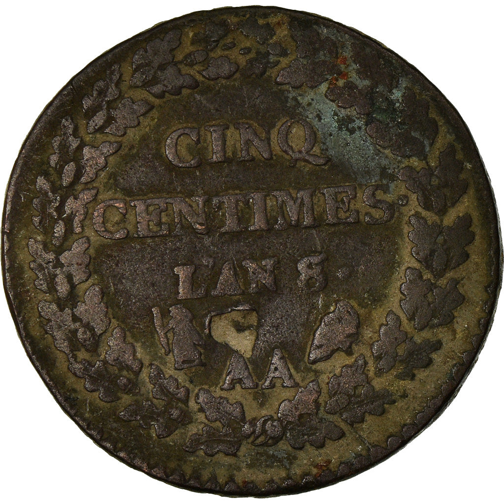 Moneta, Francja, Dupré, 5 Centimes, AN 8/5, Metz, F(12-15), Bronze, KM:640.2