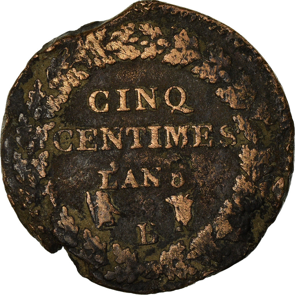 Moeda, França, Dupré, 5 Centimes, 1796, Rouen, F(12-15), Bronze, KM:640.3