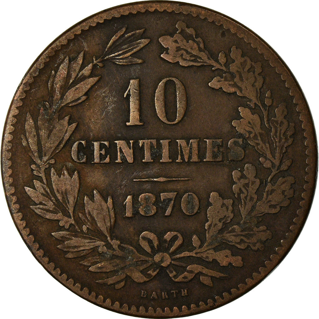 Coin, Luxembourg, William III, 10 Centimes, 1870, Utrecht, VF(30-35), Bronze