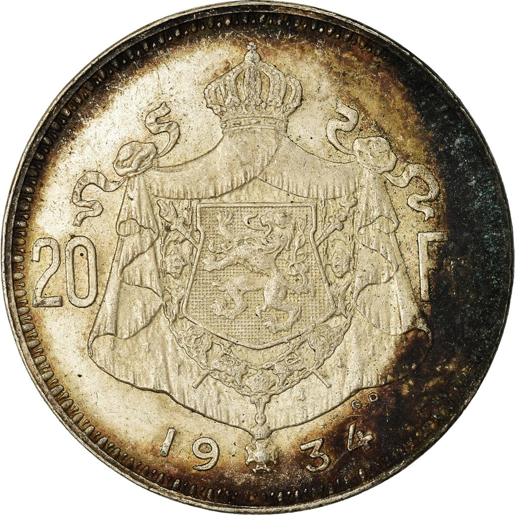 Coin, Belgium, 20 Francs, 20 Frank, 1934, EF(40-45), Silver, KM:104.1