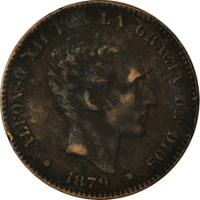 Moneta, Hiszpania, Alfonso XII, 10 Centimos, 1879, Barcelona, VF(30-35), Bronze