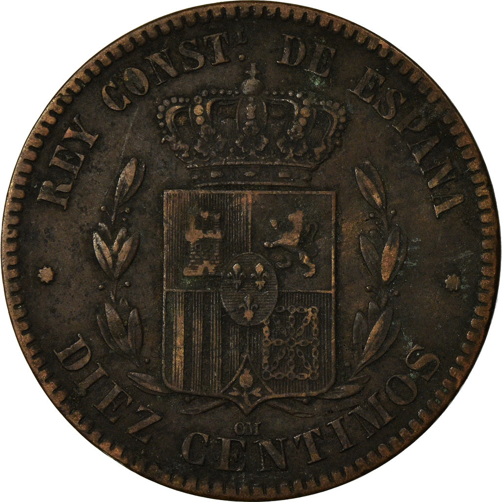 Coin, Spain, Alfonso XII, 10 Centimos, 1879, Barcelona, VF(30-35), Bronze