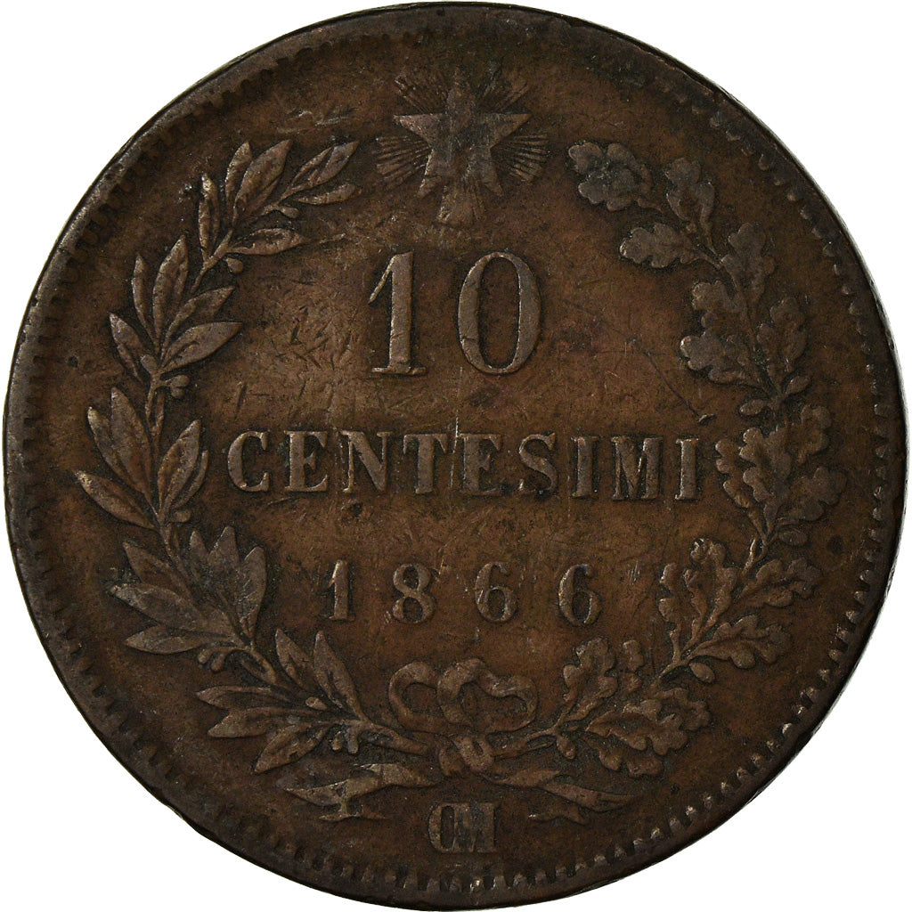 Moneta, Italia, Vittorio Emanuele II, 10 Centesimi, 1866, Strasbourg, MB+, Rame