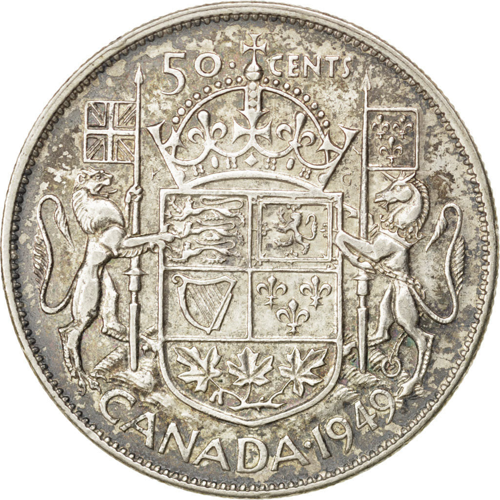 CANADA, 50 Cents, 1949, Royal Canadian Mint, KM #45, AU(50-53), Silver, 29.72,..