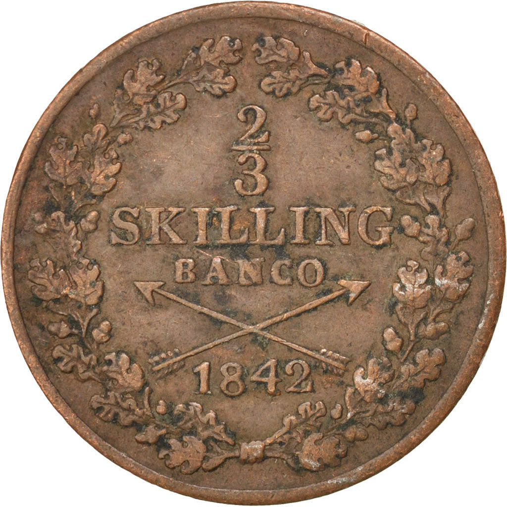 SWEDEN, 2/3 Skilling, 1842, KM #641, EF(40-45), Copper, 24.4, 7.43