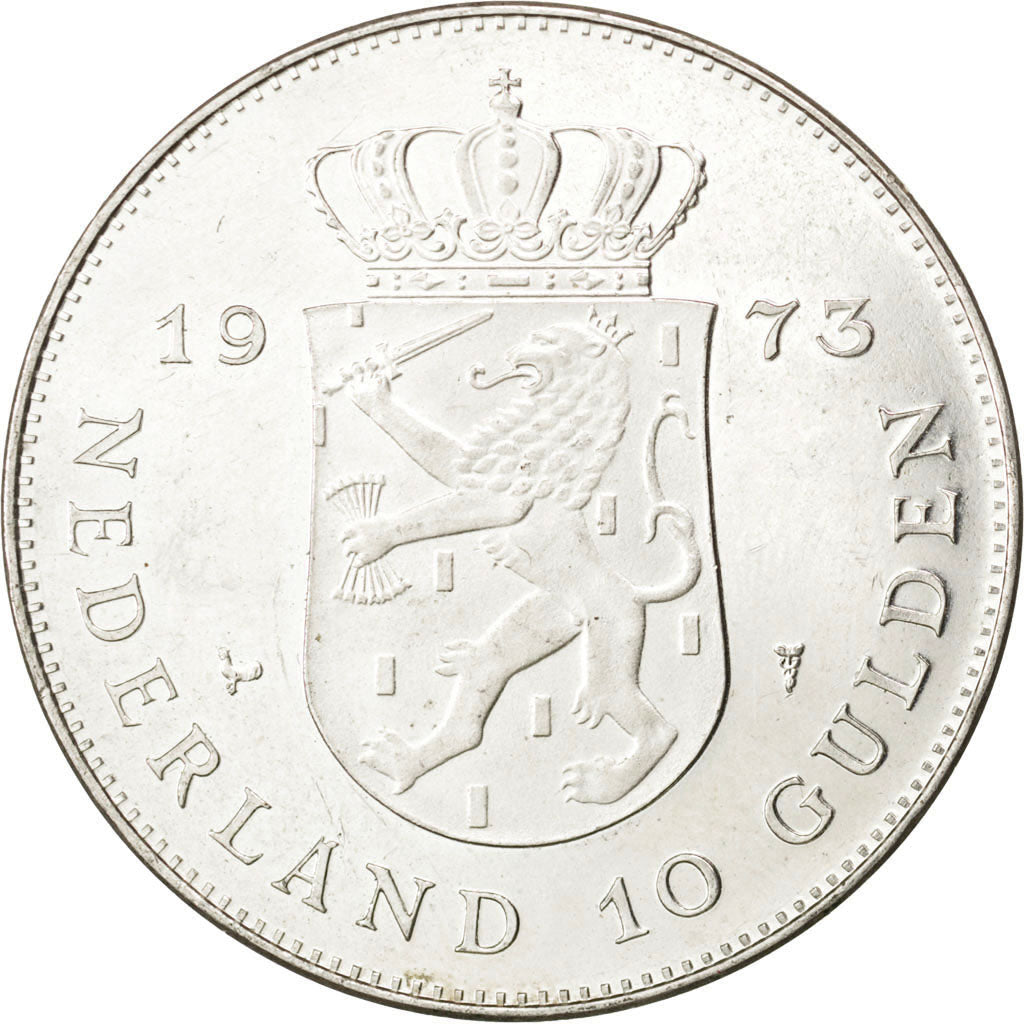 Coin, Netherlands, Juliana, 10 Gulden, 1973, AU(55-58), Silver, KM:196
