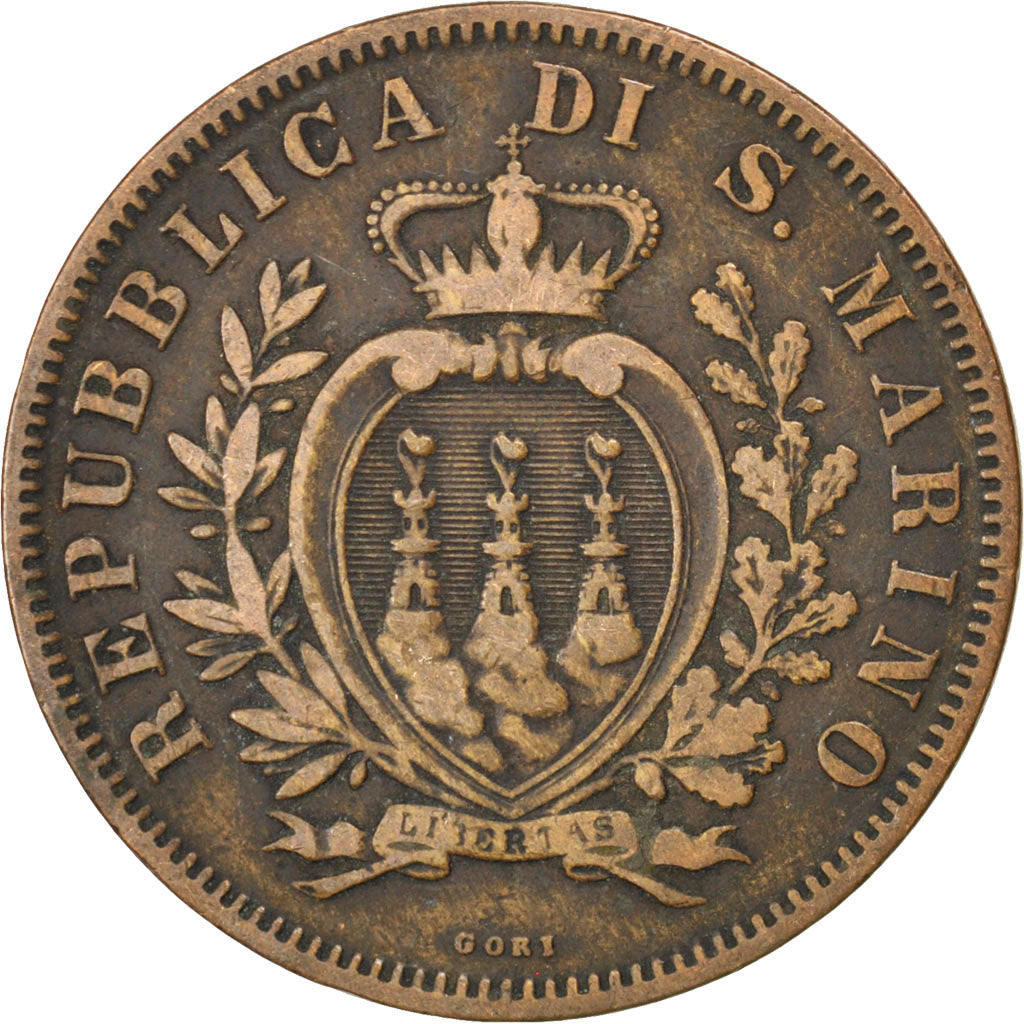 SAN MARINO, 10 Centesimi, 1875, KM #2, VF(30-35), Copper, 30, 9.66