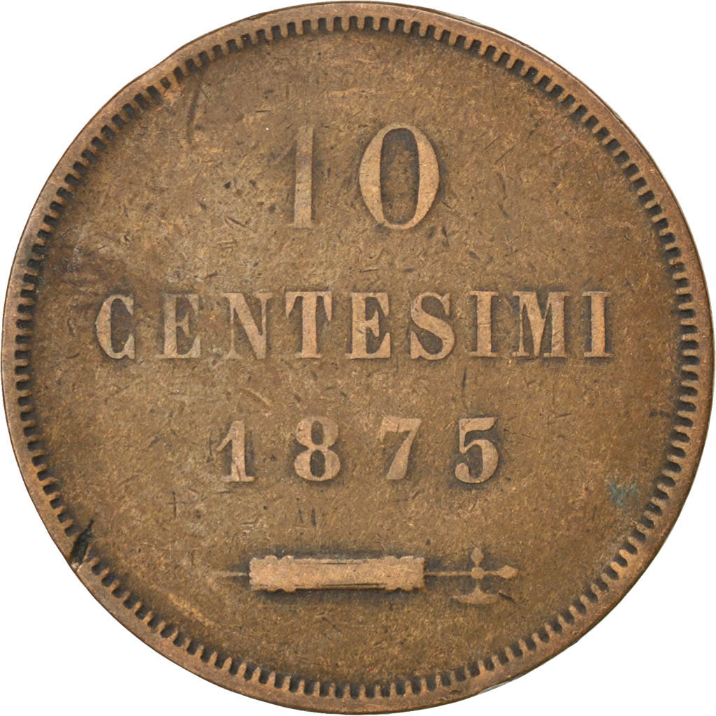 SAN MARINO, 10 Centesimi, 1875, KM #2, VF(30-35), Copper, 30, 9.66