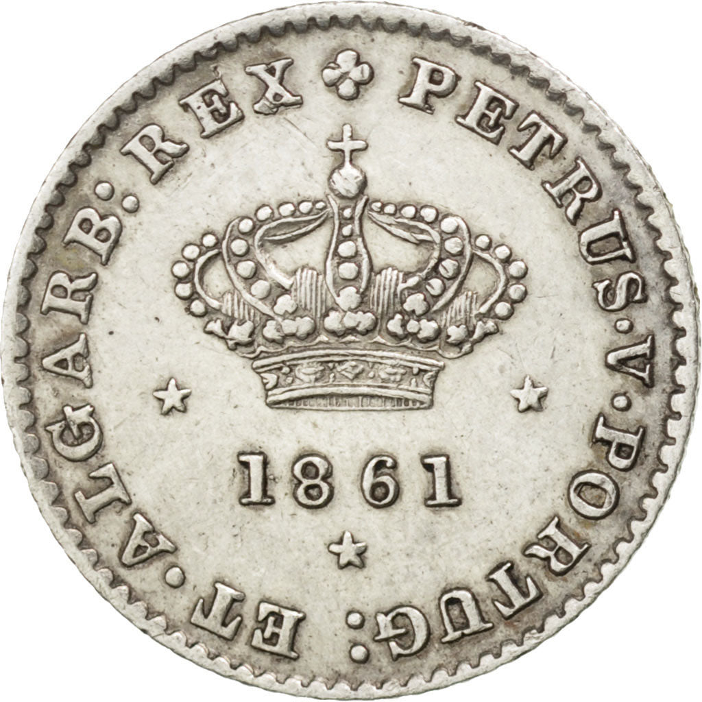 PORTUGAL, 50 Reis, 1861, KM #493, AU(50-53), Silver, 1.25