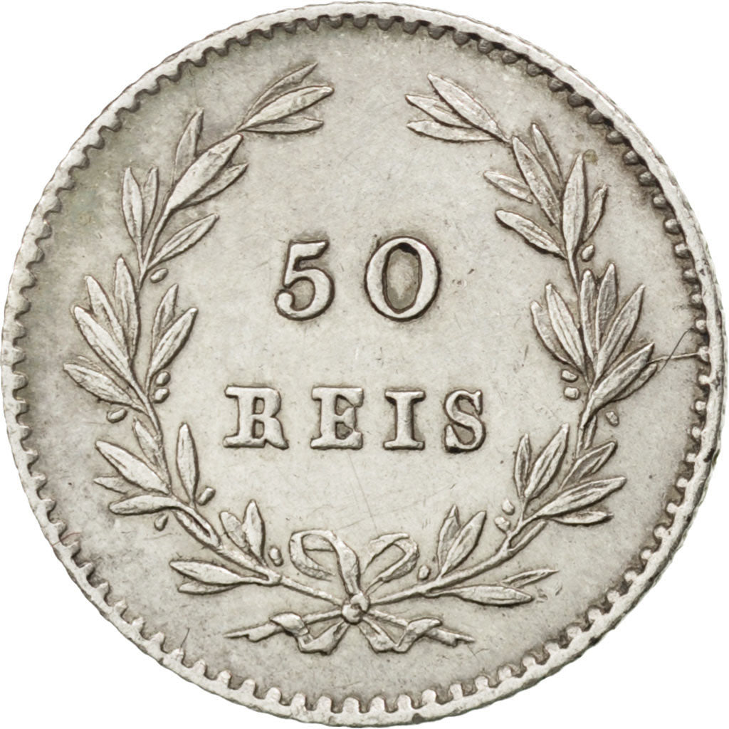 PORTUGAL, 50 Reis, 1861, KM #493, AU(50-53), Silver, 1.25