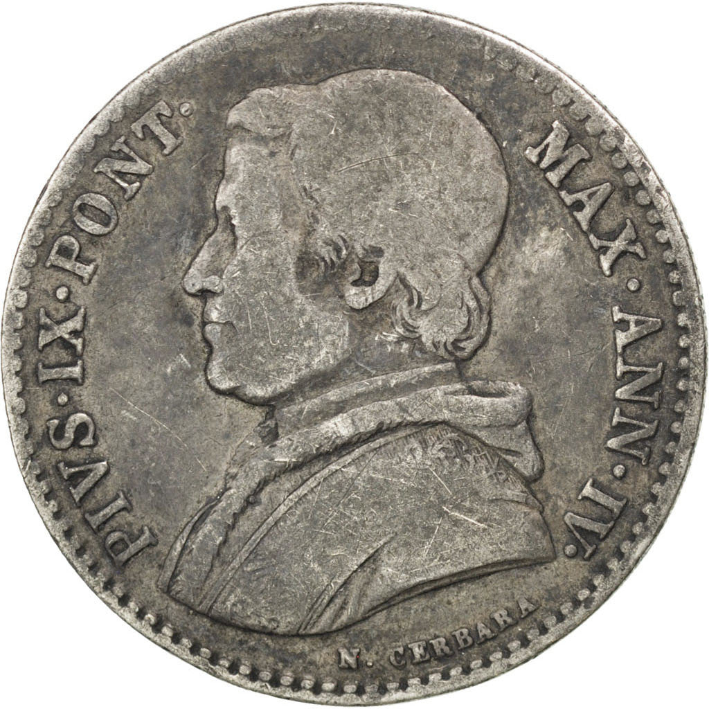 Moneda, Estados italianos, PAPAL STATES, Pius IX, 20 Baiocchi, 1850, Roma, BC
