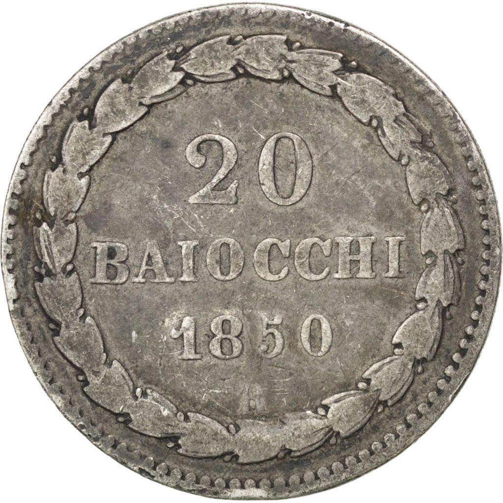 Moneda, Estados italianos, PAPAL STATES, Pius IX, 20 Baiocchi, 1850, Roma, BC