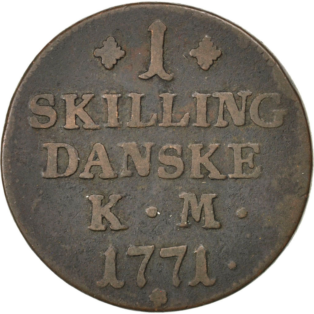 DENMARK, Skilling, 1771, KM #616.1, VF(20-25), Copper, 29, 10.80