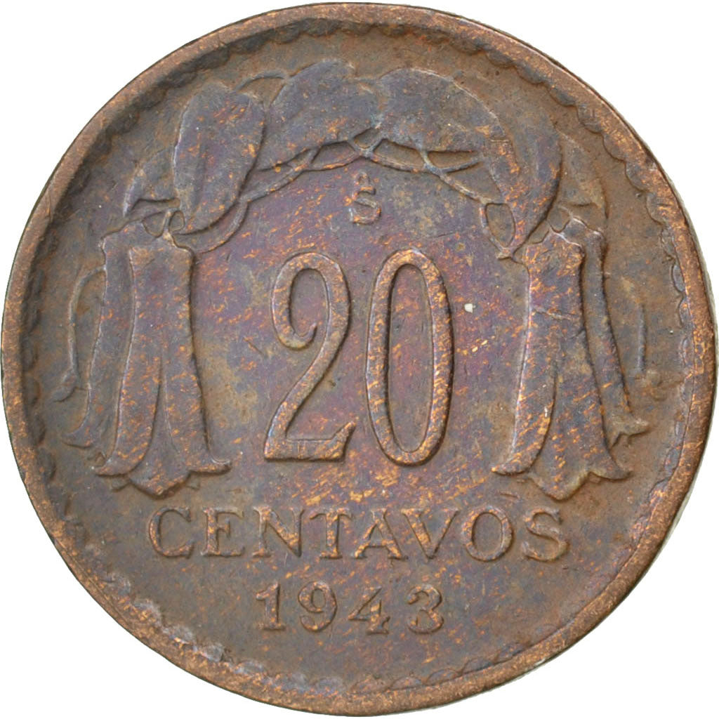 CHILE, 20 Centavos, 1943, KM #177, VF(30-35), Copper, 18, 2.96