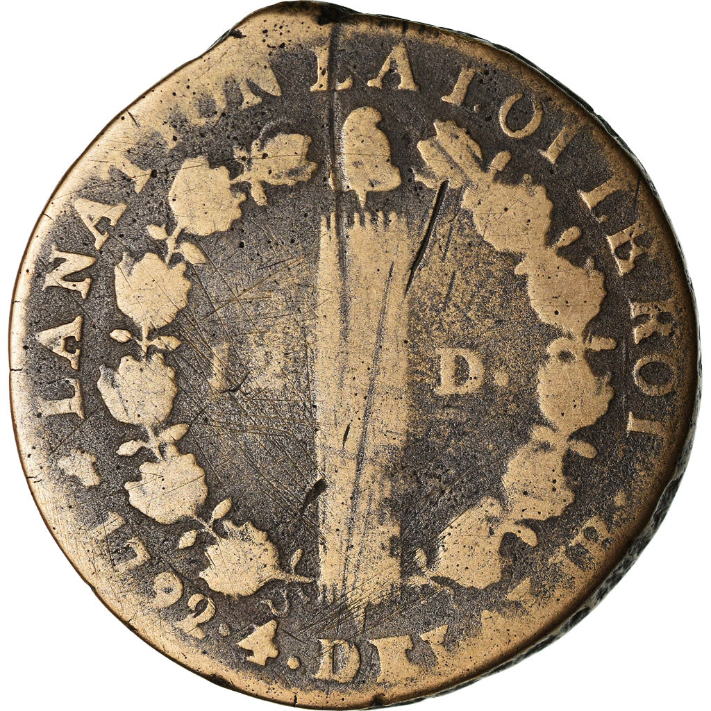 Moneta, Francja, 12 deniers françois, 12 Deniers, 1792, Dijon, VF(20-25)
