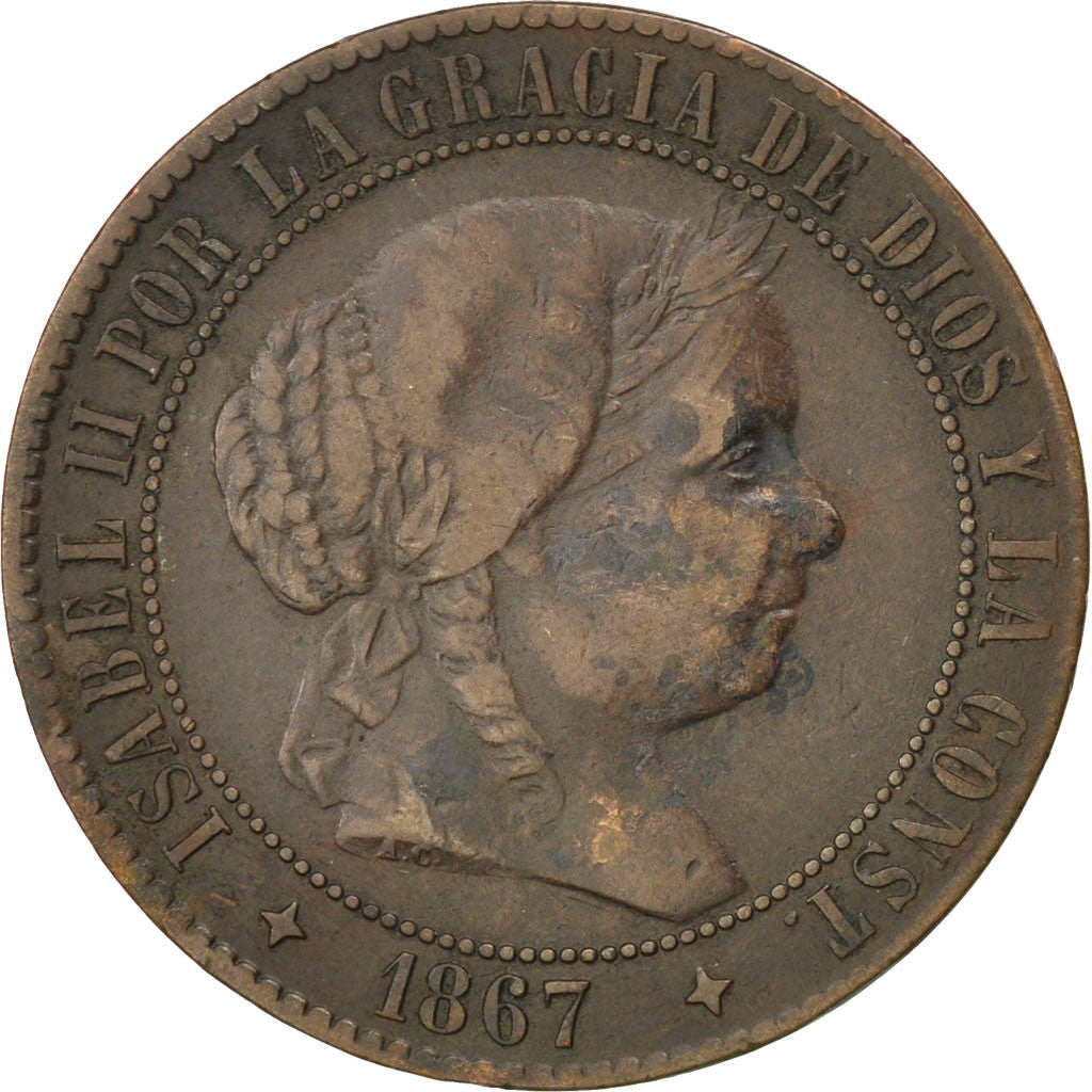 Moneda, España, Isabel II, 2-1/2 Centimos, 1867, BC+, Cobre, KM:634.2