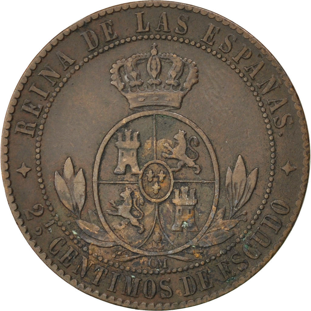 Moneda, España, Isabel II, 2-1/2 Centimos, 1867, BC+, Cobre, KM:634.2