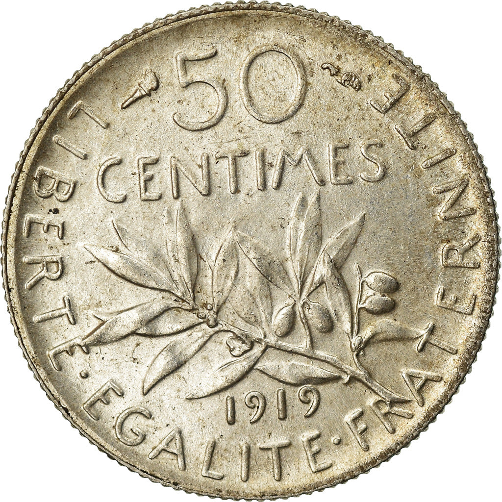 Moeda, França, Semeuse, 50 Centimes, 1919, Paris, AU(55-58), Prata, KM:854