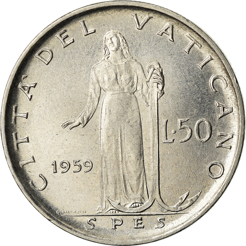 Münze, Vatikanstadt, John XXIII, 50 Lire, 1959, Roma, VZ, Stainless Steel
