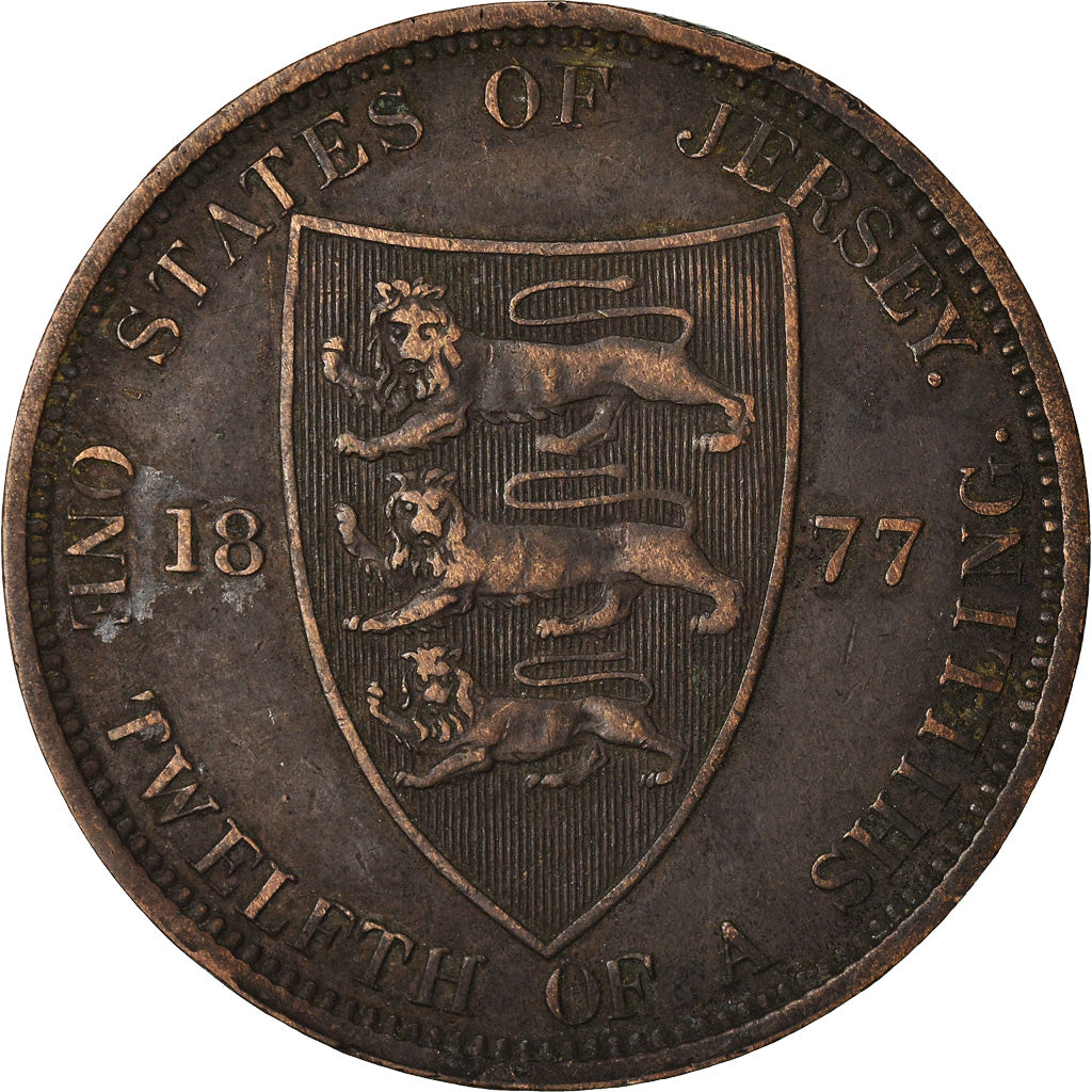 Coin, Jersey, Victoria, 1/12 Shilling, 1877, VF(30-35), Bronze, KM:8