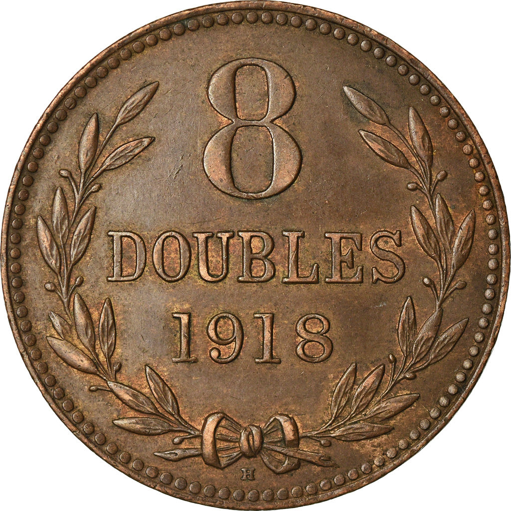 Coin, Guernsey, 8 Doubles, 1918, Heaton, Birmingham, AU(50-53), Bronze, KM:14