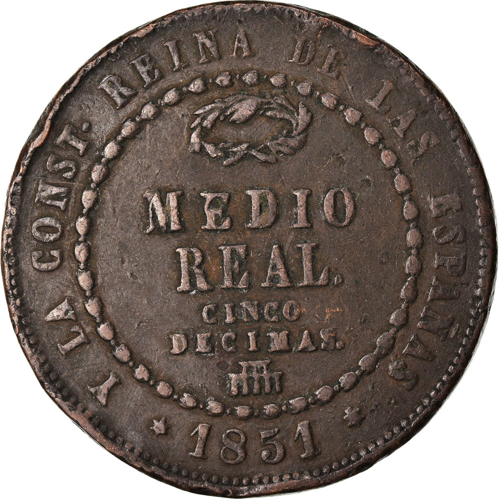 Moneda, España, Isabel II, 1/2 Réal, 1851, Segovia, BC+, Cobre, KM:591.3