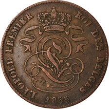 Münze, Belgien, Leopold I, 2 Centimes, 1855, Rare, S+, Kupfer, KM:4.2