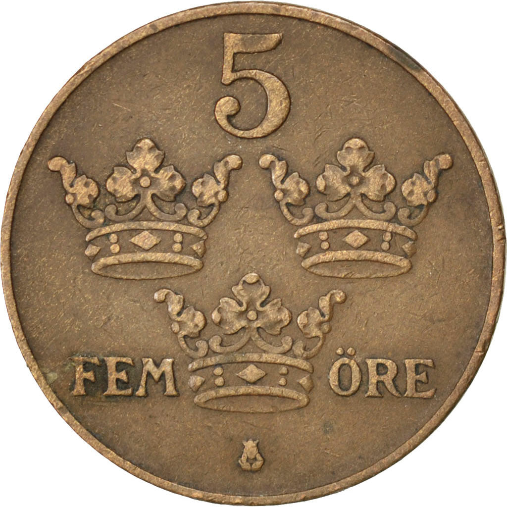 SWEDEN, 5 Ore, 1938, KM #779.2, EF(40-45), Bronze, 27, 7.97