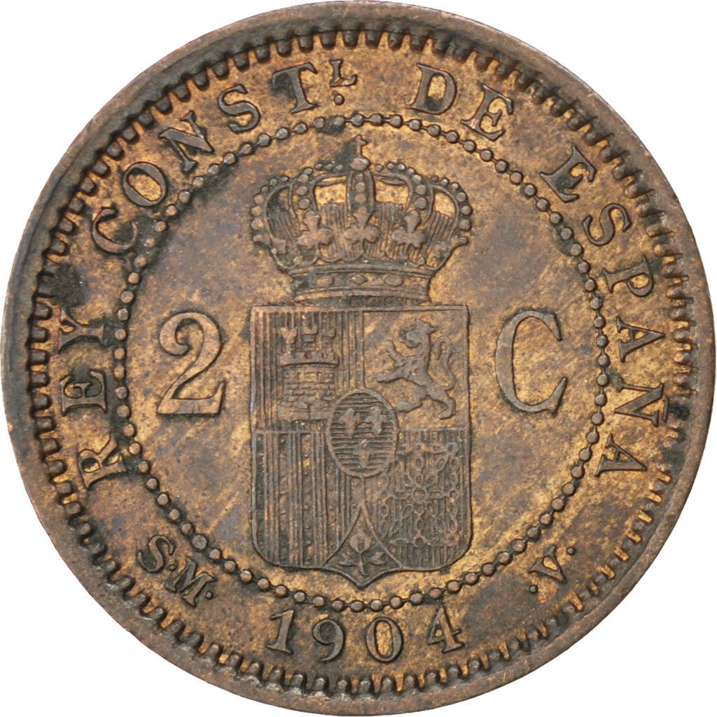 Spain, 2 Centesimos, 1904, KM #722, AU(50-53), Copper, 20, 2.02