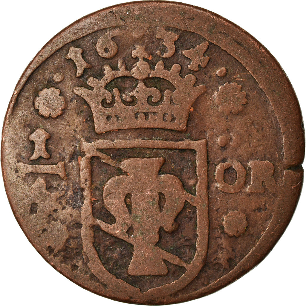 Coin, Sweden, 1/4 Ore, 1634, Nykoping, VF(20-25), Copper, KM:152.1