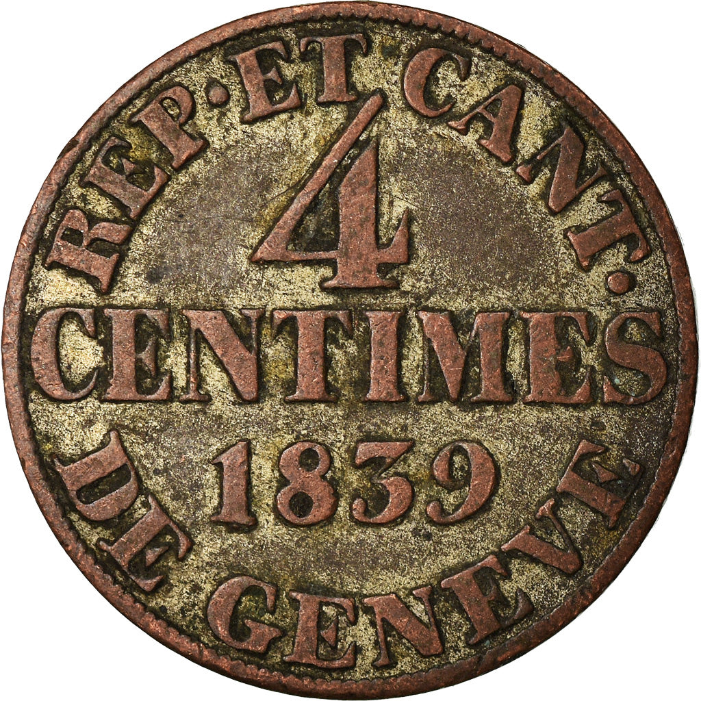 Coin, SWISS CANTONS, GENEVA, 4 Centimes, 1839, VF(30-35), Billon, KM:127
