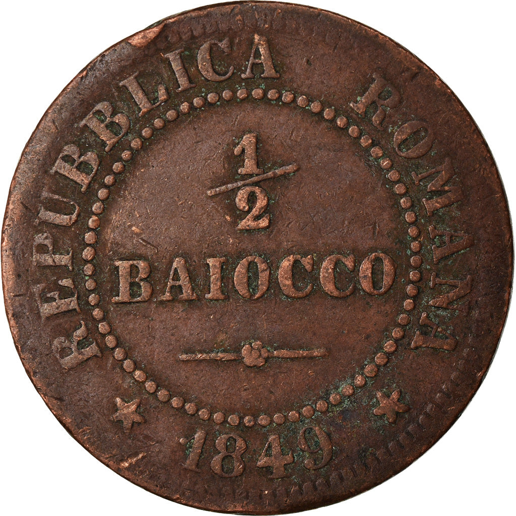 Moneda, Estados italianos, ROMAN REPUBLIC, 1/2 Baiocco, 1849, Rome, BC+, Cobre