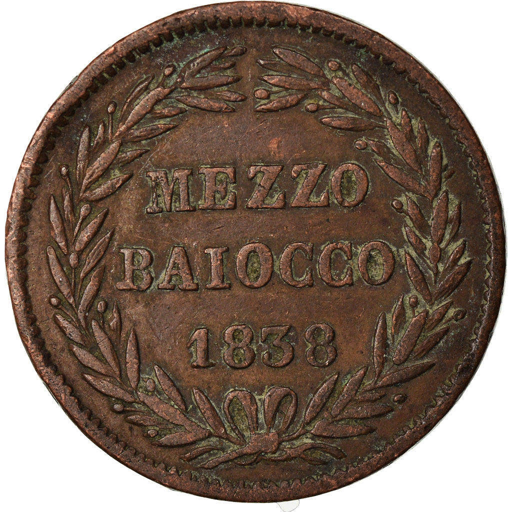 Moneta, STATI ITALIANI, PAPAL STATES, Gregory XVI, Mezzo (1/2) Baiocco, 1838