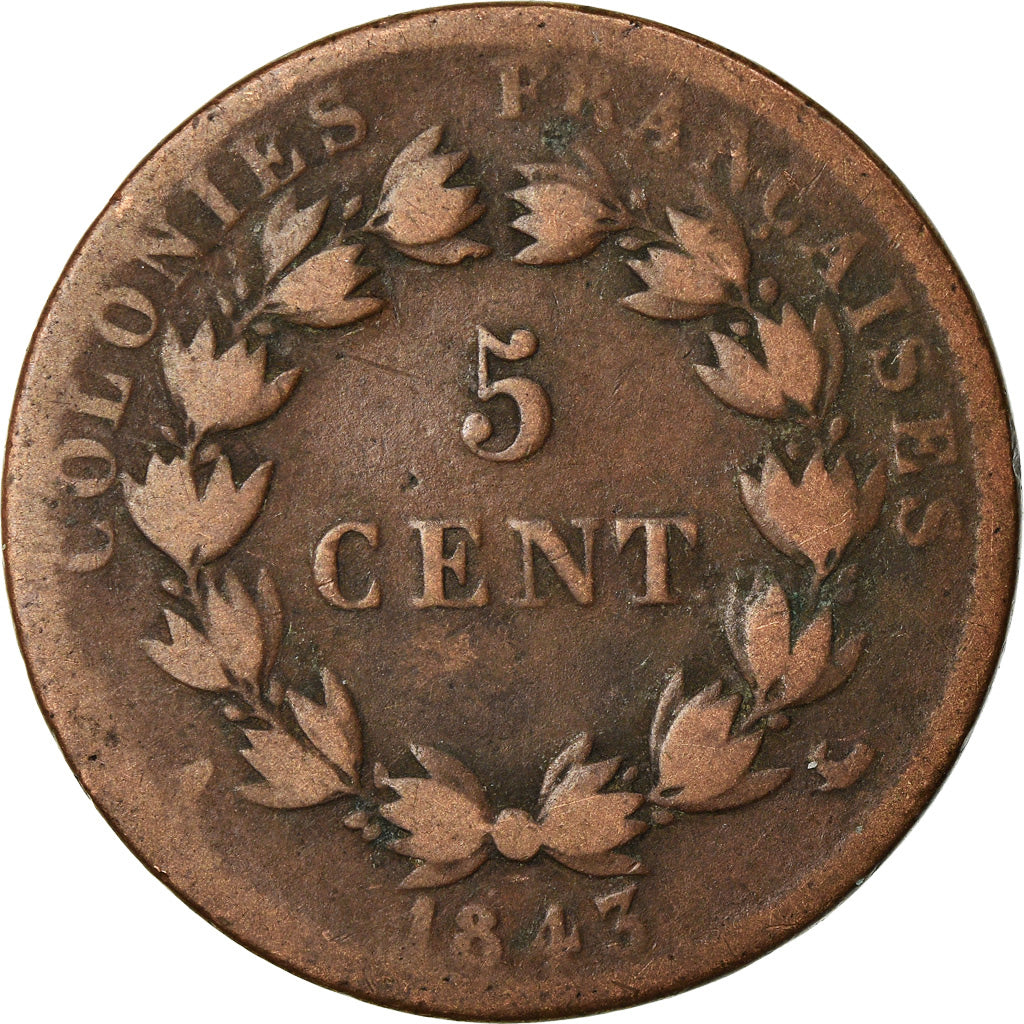 Moneta, Colonie francesi, Louis - Philippe, 5 Centimes, 1843, Paris, B+, Bronzo