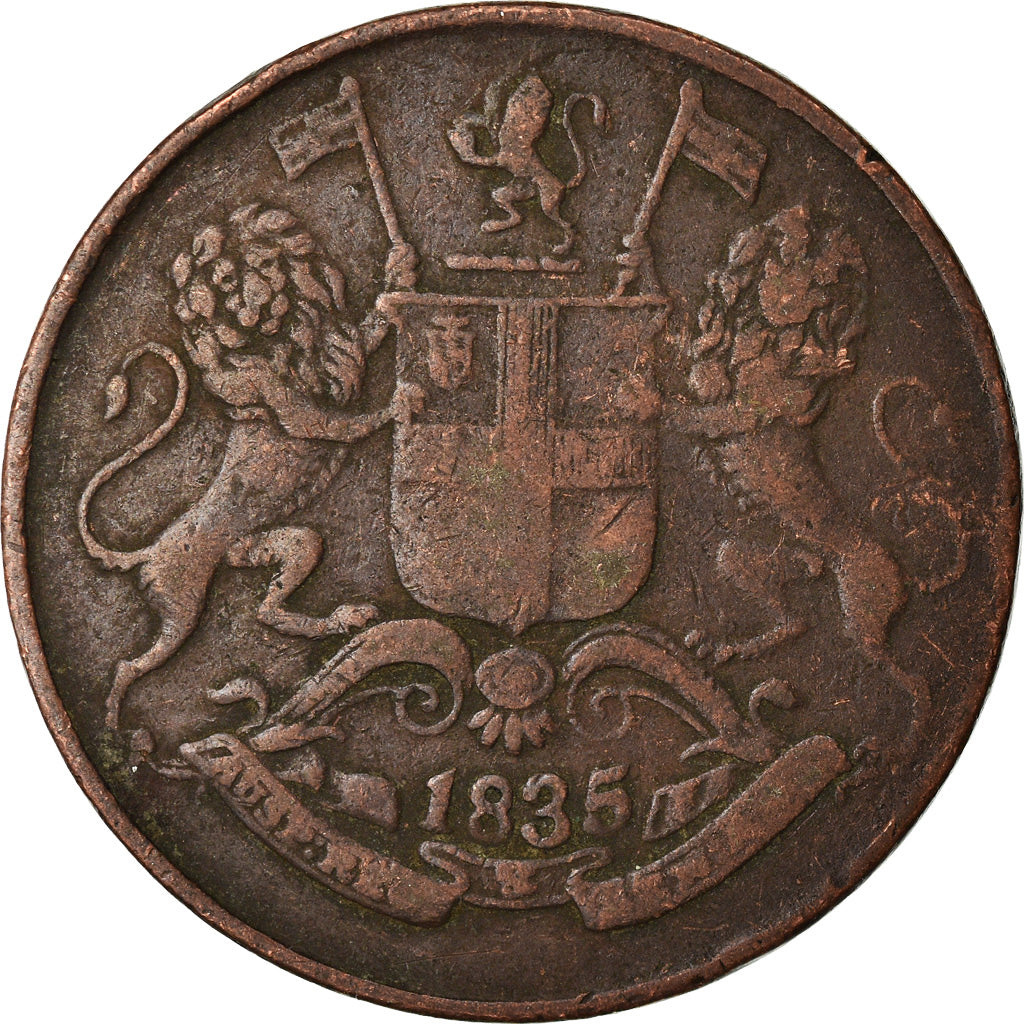 Coin, INDIA-BRITISH, 1/4 Anna, 1835, Bombay, VF(20-25), Copper, KM:446.2