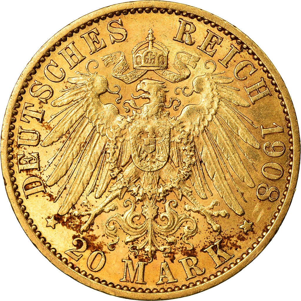 Coin, German States, PRUSSIA, Wilhelm II, 20 Mark, 1908, Berlin, AU(55-58)