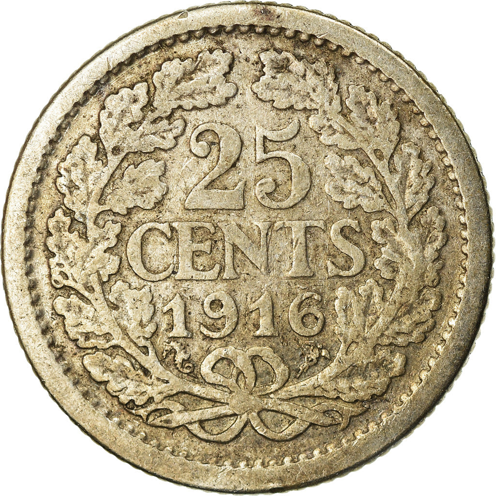 Coin, Netherlands, Wilhelmina I, 25 Cents, 1916, Utrecht, VF(20-25), Silver