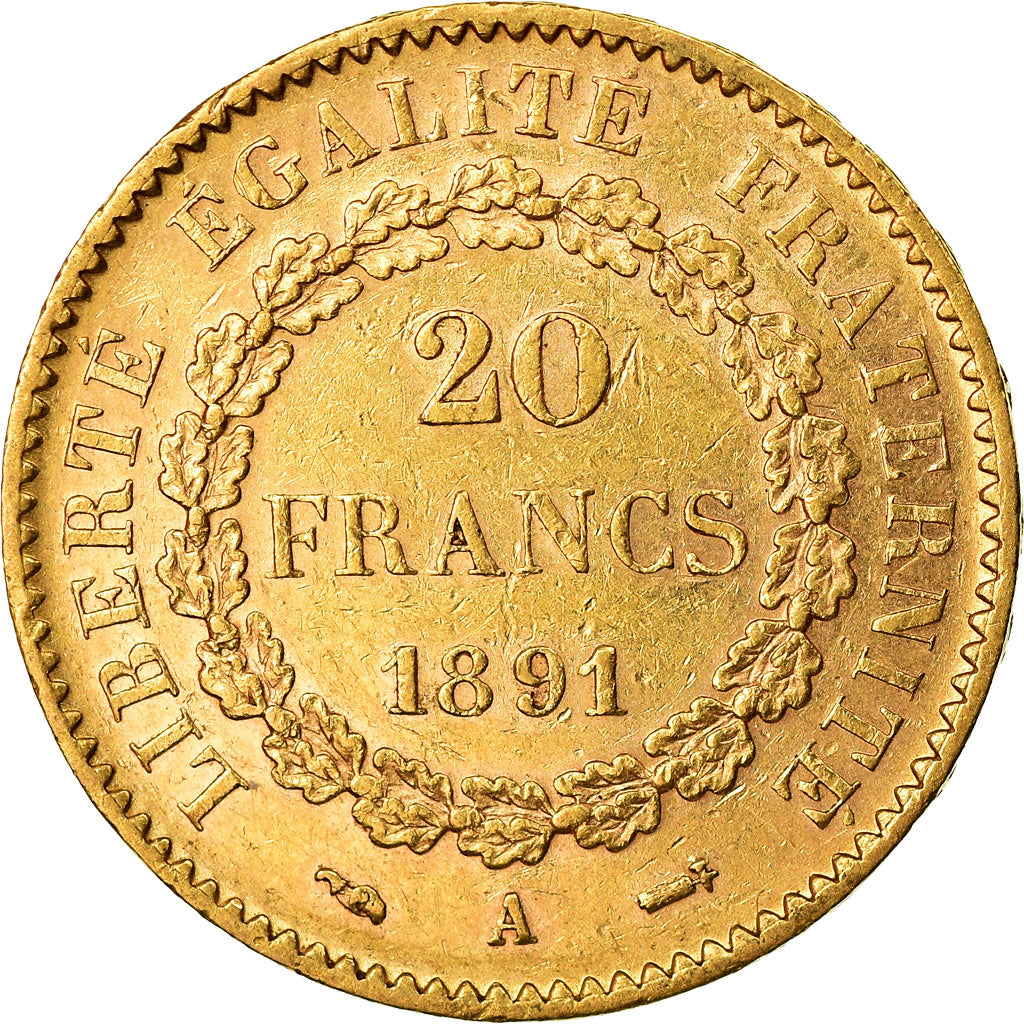 Moneta, Francja, Génie, 20 Francs, 1891, Paris, AU(50-53), Złoto, KM:825
