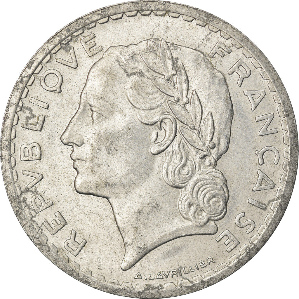 Munten, Frankrijk, Lavrillier, 5 Francs, 1945, Castelsarrasin, ZF+, Aluminium