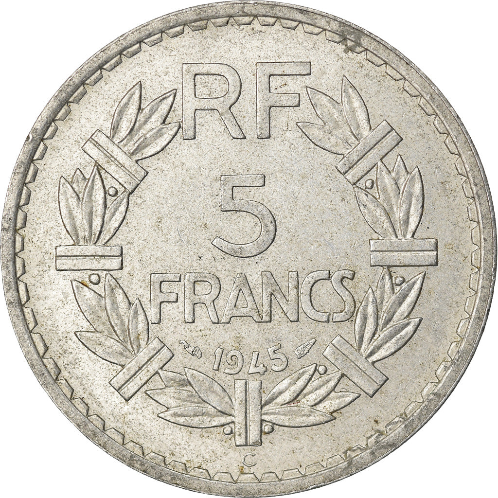 Munten, Frankrijk, Lavrillier, 5 Francs, 1945, Castelsarrasin, ZF+, Aluminium
