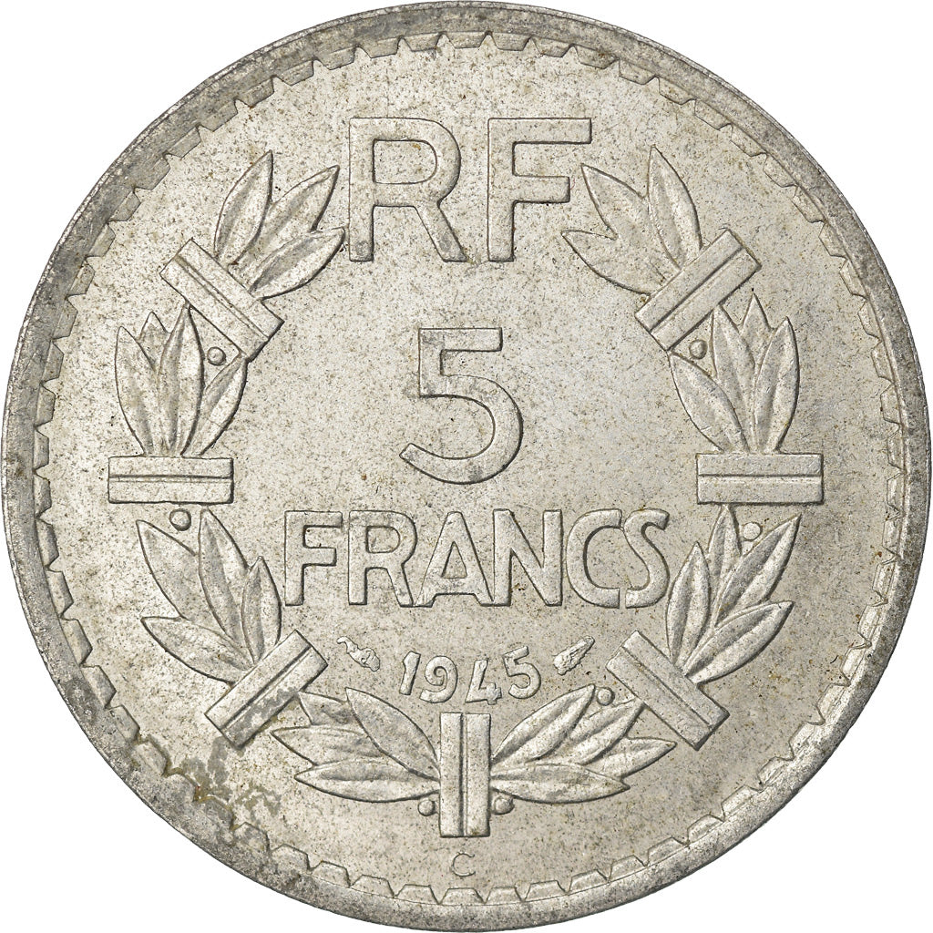 Munten, Frankrijk, Lavrillier, 5 Francs, 1945, Castelsarrasin, ZF+, Aluminium