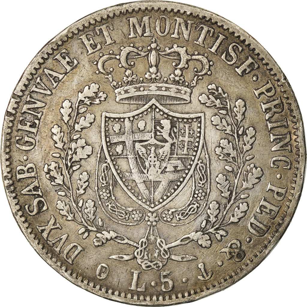 Moeda, ESTADOS ITALIANOS, SARDINIA, Carlo Felice, 5 Lire, 1828, Genoa