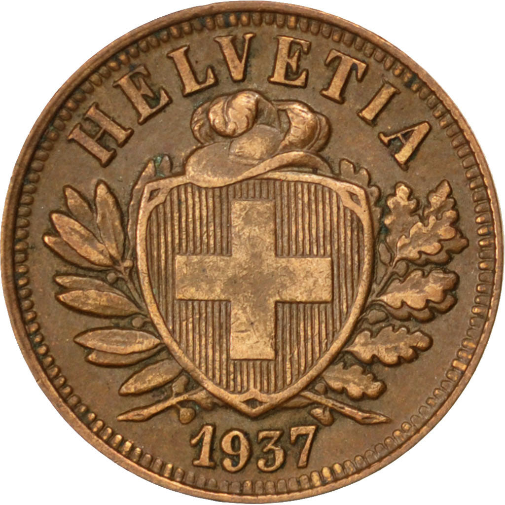 SWITZERLAND, 2 Rappen, 1937, Bern, KM #4.2a, EF(40-45), Bronze, 20, 2.86