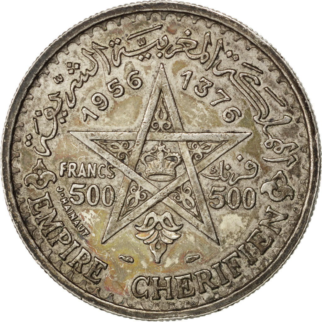 MOROCCO, 500 Francs, 1956, Paris, KM #54, EF(40-45), Silver, 38, 22.49