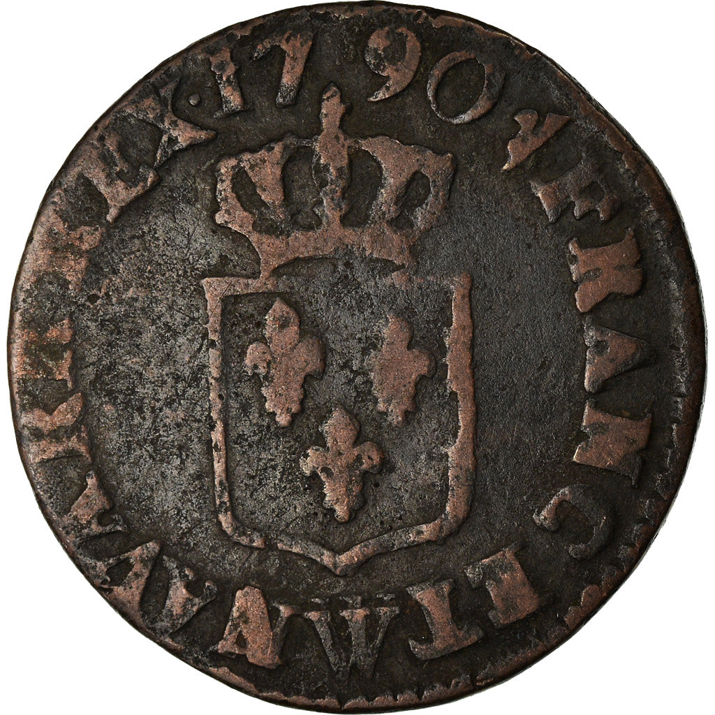 Moneta, Francia, Louis XVI, Liard, Liard, 1790, Lille, MB, Rame, KM:585.14