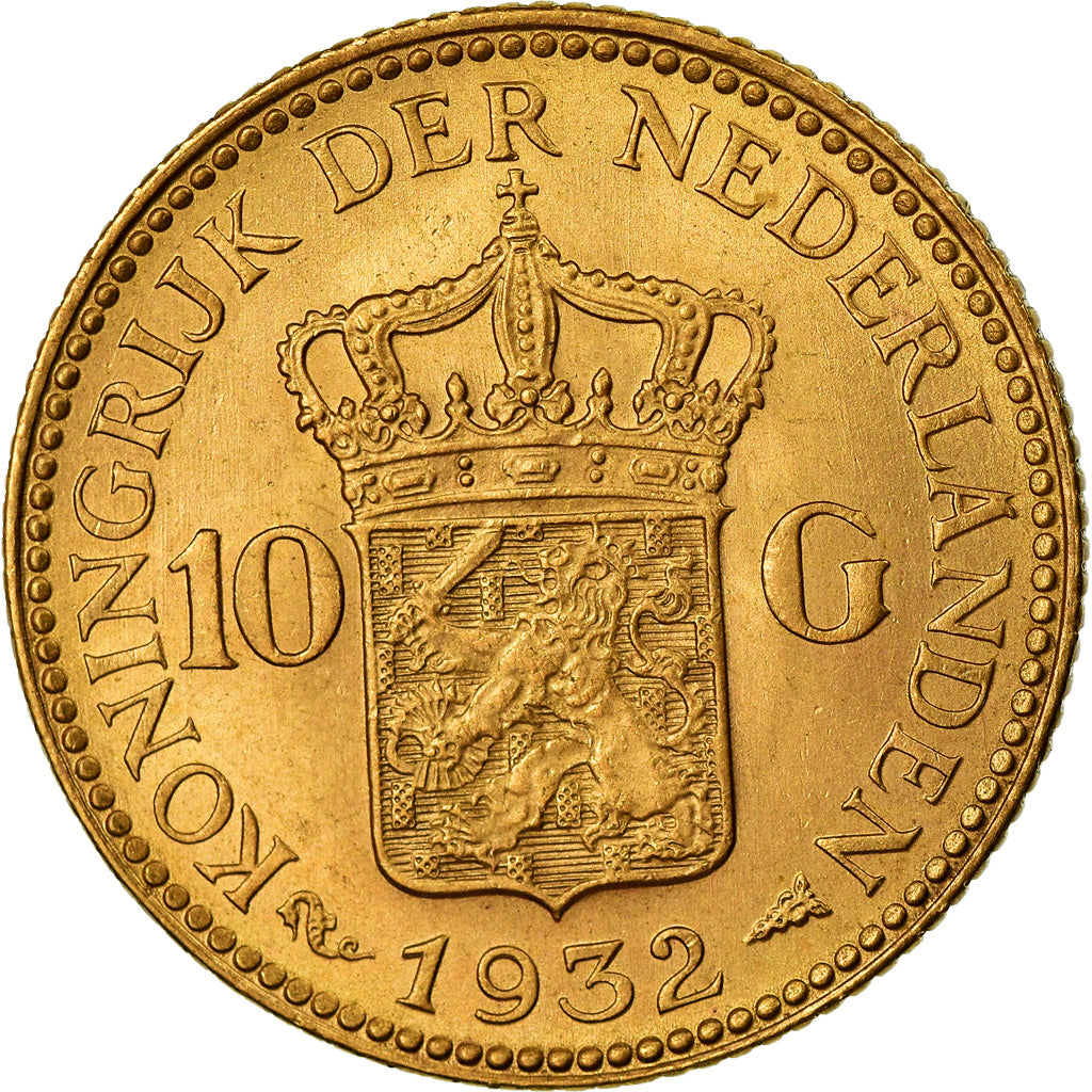 Coin, Netherlands, Wilhelmina I, 10 Gulden, 1932, MS(63), Gold, KM:162