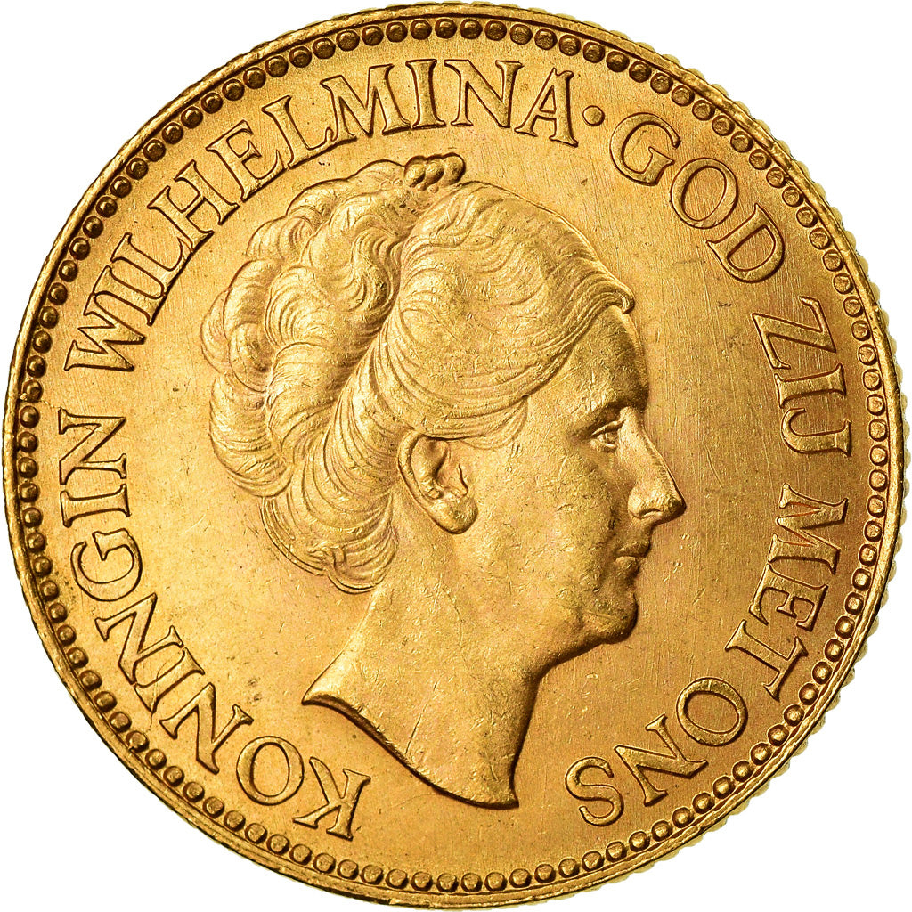 Coin, Netherlands, Wilhelmina I, 10 Gulden, 1932, MS(63), Gold, KM:162