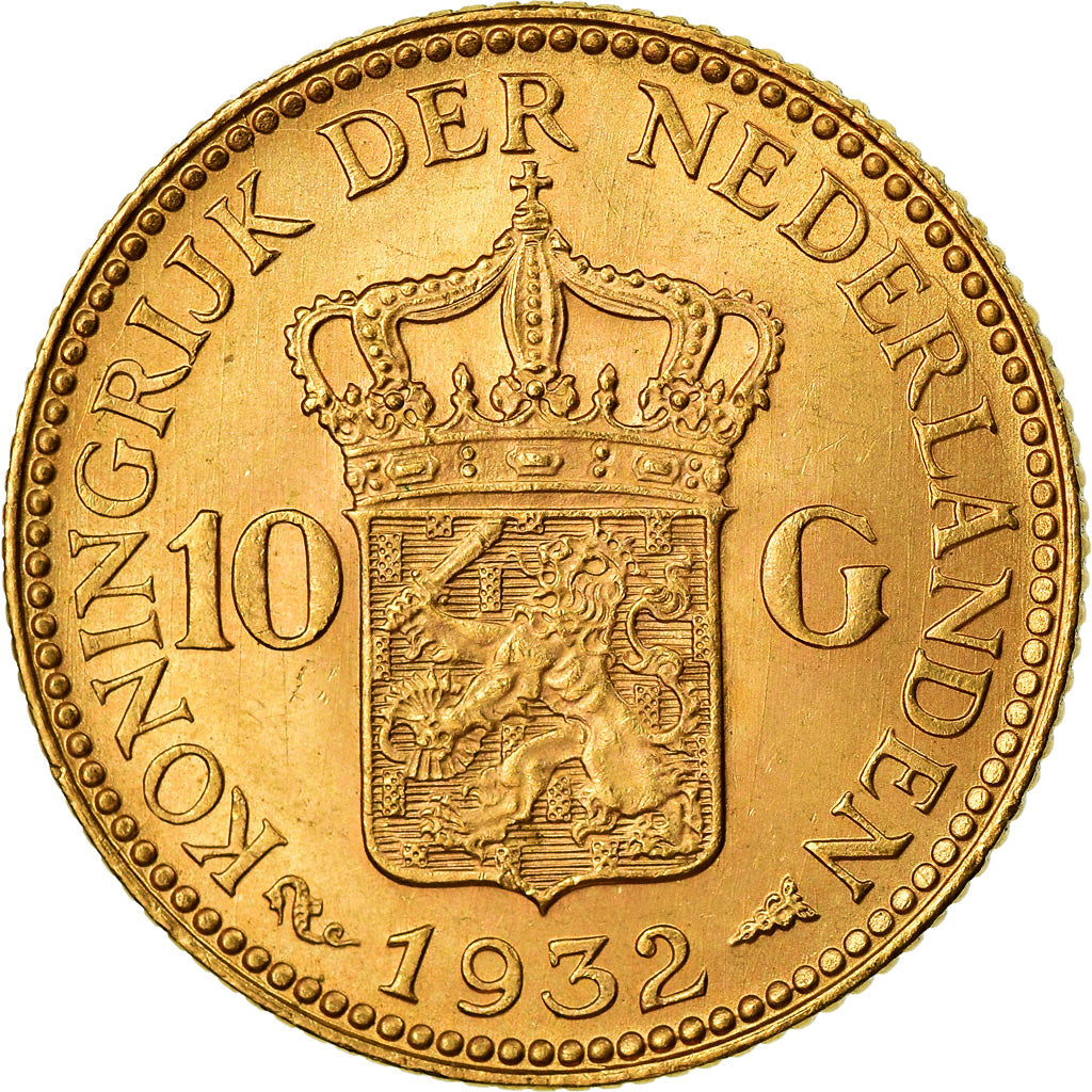 Coin, Netherlands, Wilhelmina I, 10 Gulden, 1932, MS(63), Gold, KM:162