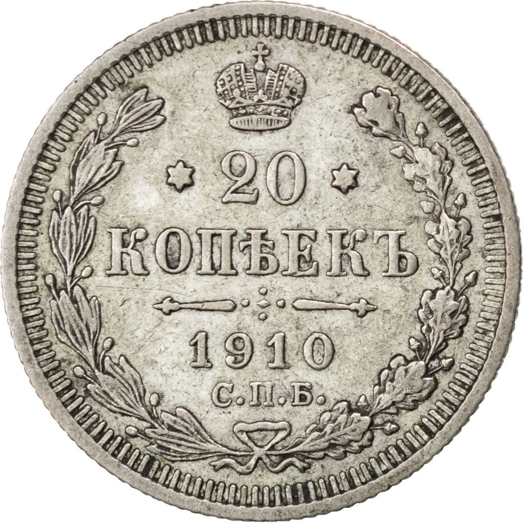 Russie, Nicolas II, 20 Kopeks 1910 SPB, KM Y22a.1